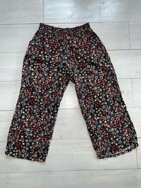 Joyspun Wide Leg Floral Pants Black Multicolor 100% Cotton Gauze Smocked Waist M